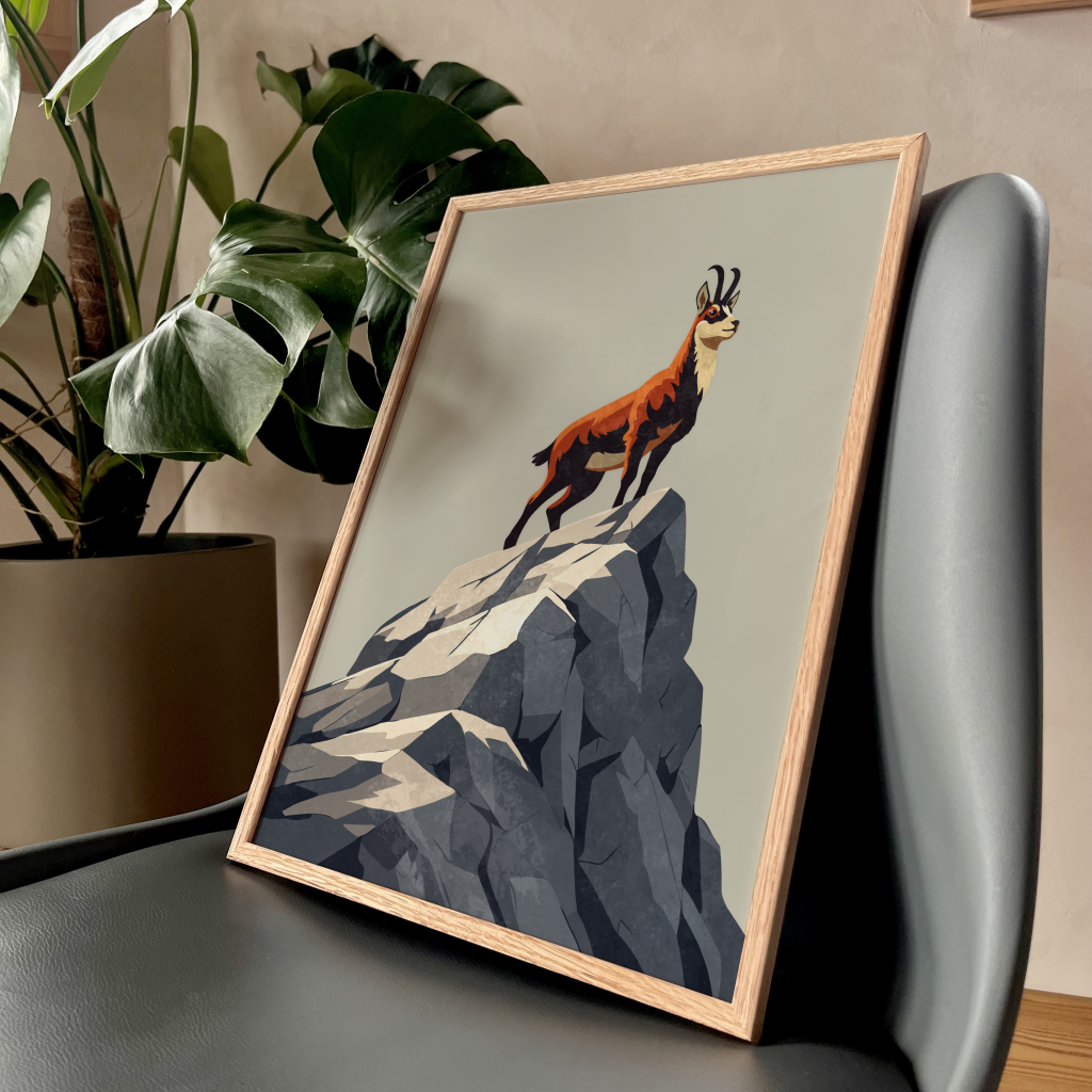 poster graphique d'un chamois dans une salle à manger. Ajoute du caractère à la pièce.