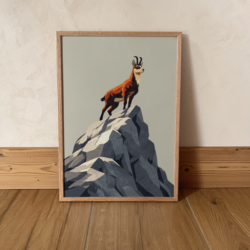 poster chamois des alpes debout sur son rocher illustration style scandinave décoration murale