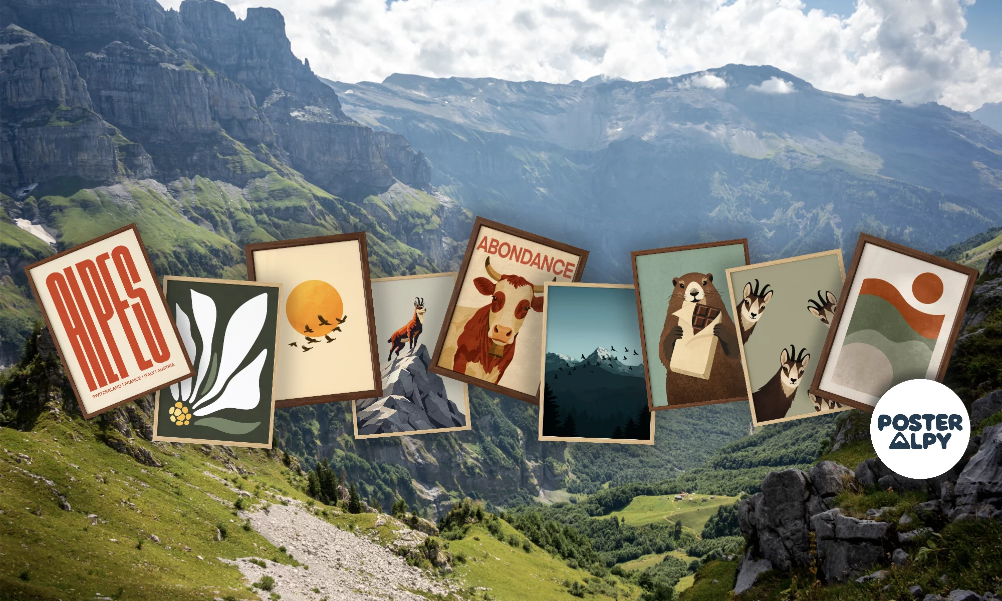 Collection de posters illustrés style scandinave représentant montagnes alpines, animaux et paysages, devant un panorama de montagne